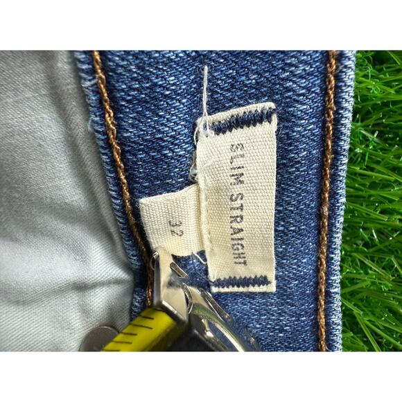 Madewell Womens Slim Straight Jeans Button Fly Lt Blue Wash Sz 32 Distressed Hem - Picture 6 of 15